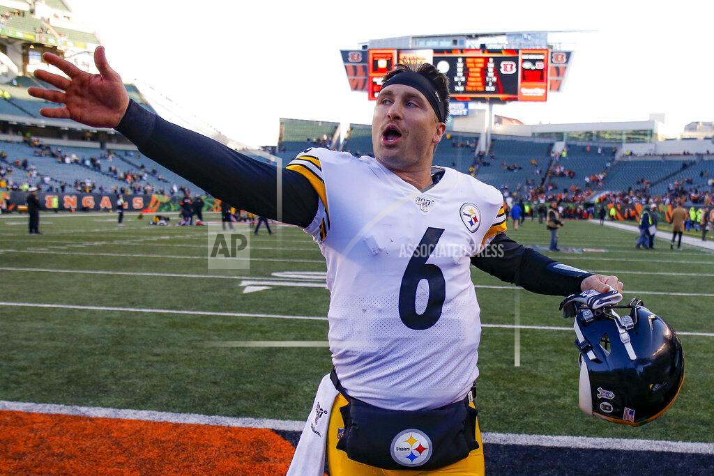 Gary Landers Pittsburgh Steelers quarterback Devlin Hodges reacts after winning an NFL football game against the Cincinnati Bengals, Sunday, Nov. 24, 2019, in Cincinnati. (AP Photo/Gary Landers)