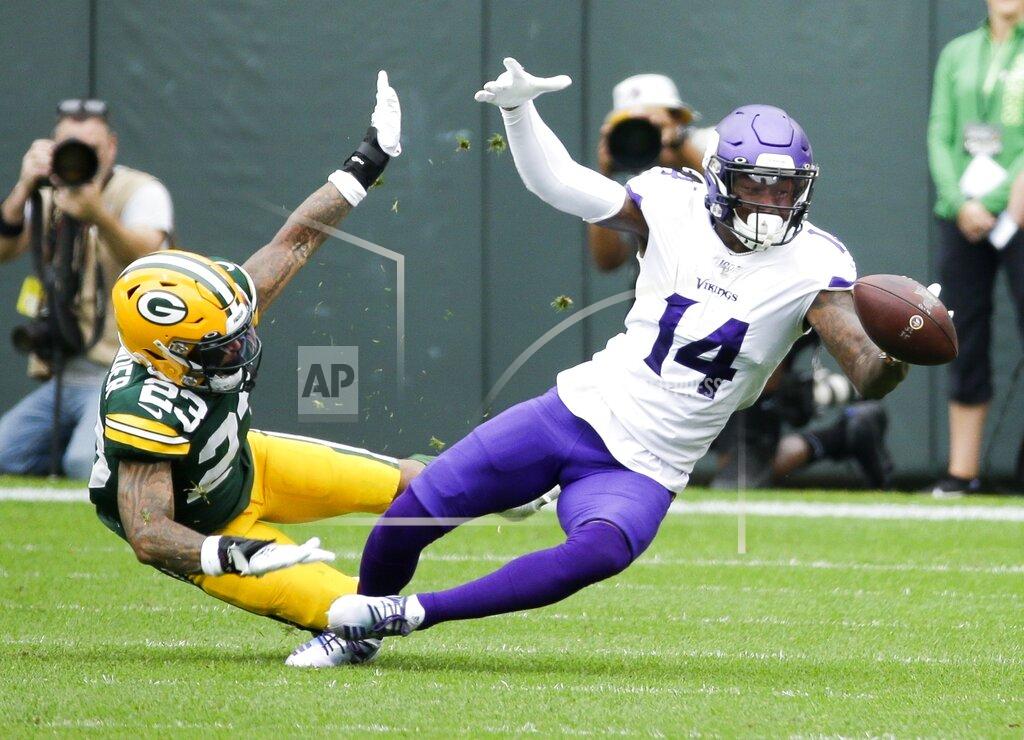 Mike Roemer Green Bay Packers' Jaire Alexander breaks up a pass intended for Minnesota Vikings' Stefon Diggs during the first half of an NFL football game Sunday, Sept. 15, 2019, in Green Bay, Wis. (AP Photo/Mike Roemer)