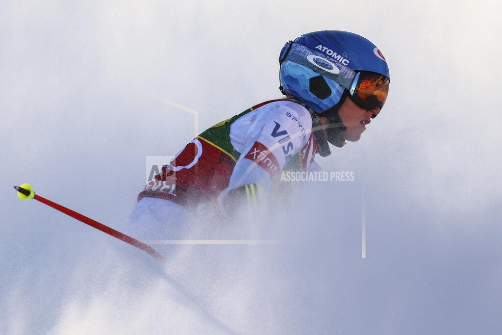 United States' Mikaela Shiffrin reacts after winning a alpine ski, women's World Cup giant slalom, in Courchevel, France, Tuesday, Dec. 21, 2021. (AP Photo/Marco Trovati)