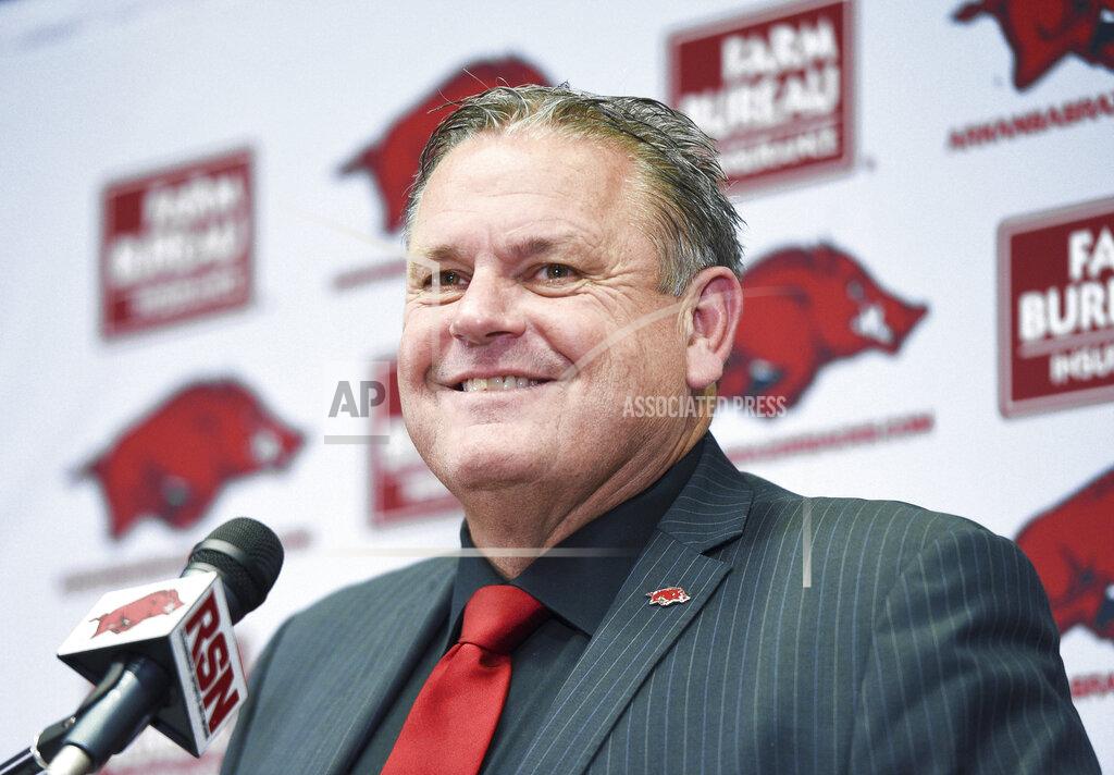 Charlie Kaijo Coach Sam Pittman speaks, Monday, Dec. 9, 2019 during an introductory news conference at the Walker Pavilion in Fayetteville, Ark. Arkansas introduced former Georgia assistant Sam Pittman as its new head football coach. Pittman had a previous stop as an assistant with the Razorbacks and has spent much of his coaching career in the SEC. (Charlie Kaijo/The Northwest Arkansas Democrat-Gazette via AP)