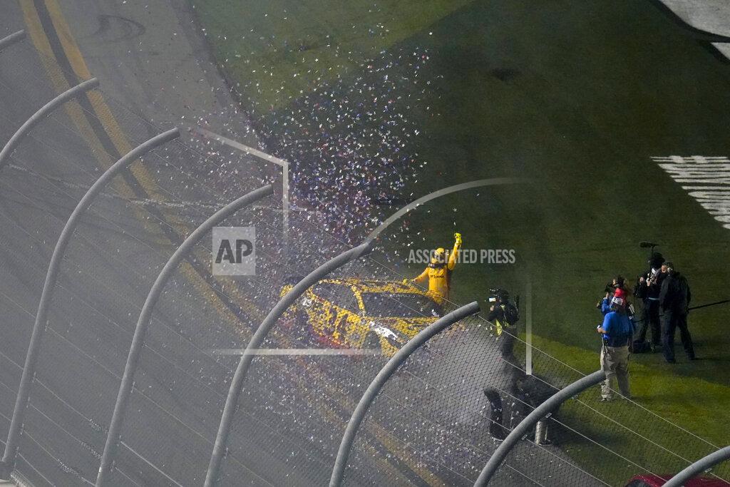 Chris O'meara Michael McDowell celebrates after winning the NASCAR Daytona 500 auto race at Daytona International Speedway, Monday, Feb. 15, 2021, in Daytona Beach, Fla. (AP Photo/Chris O'Meara)