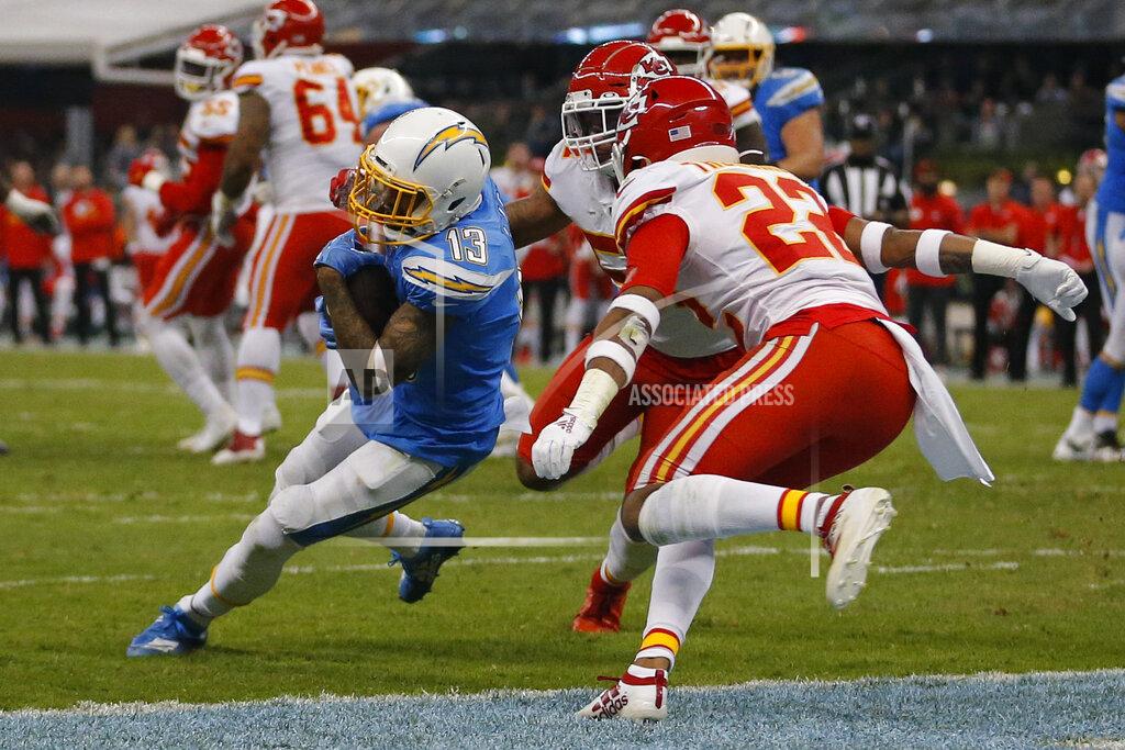 Eduardo Verdugo Los Angeles Chargers wide receiver Keenan Allen, left, scores a touchdown during the second half of an NFL football game against the Kansas City Chiefs, Monday, Nov. 18, 2019, in Mexico City. (AP Photo/Eduardo Verdugo)