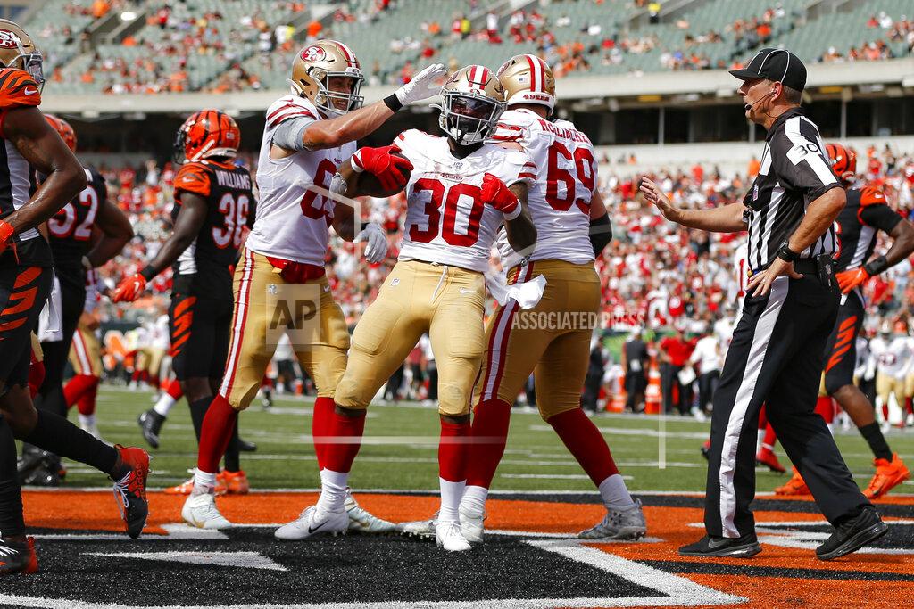 Frank Victores San Francisco 49ers running back Jeff Wilson Jr. (30) celebrates his touchdown during the second half an NFL football game against the Cincinnati Bengals, Sunday, Sept. 15, 2019, in Cincinnati. (AP Photo/Frank Victores)