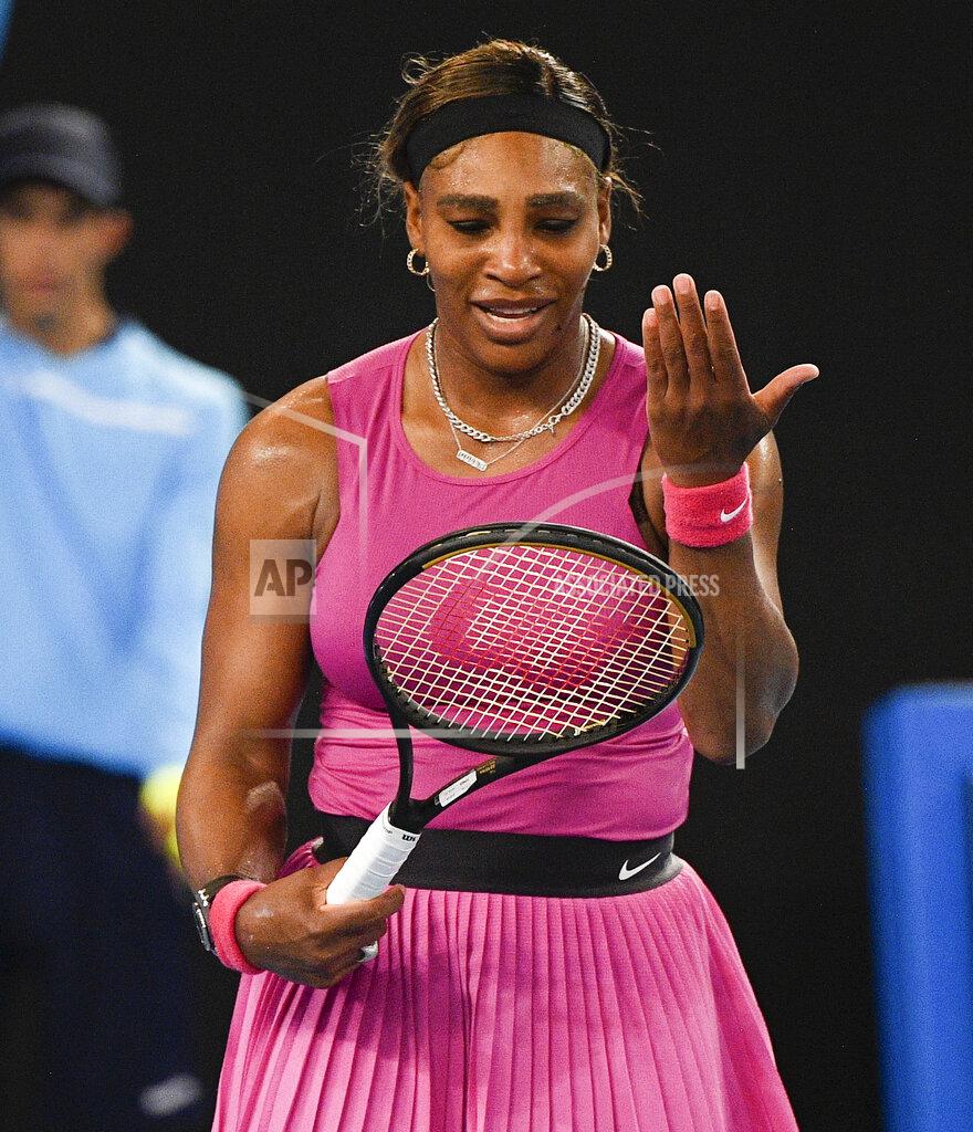 Andy Brownbill United States' Serena Williams reacts during her match against compatriot Danielle Collins during a tuneup event ahead of the Australian Open tennis championships in Melbourne, Australia, Friday, Feb. 5, 2021.(AP Photo/Andy Brownbill)