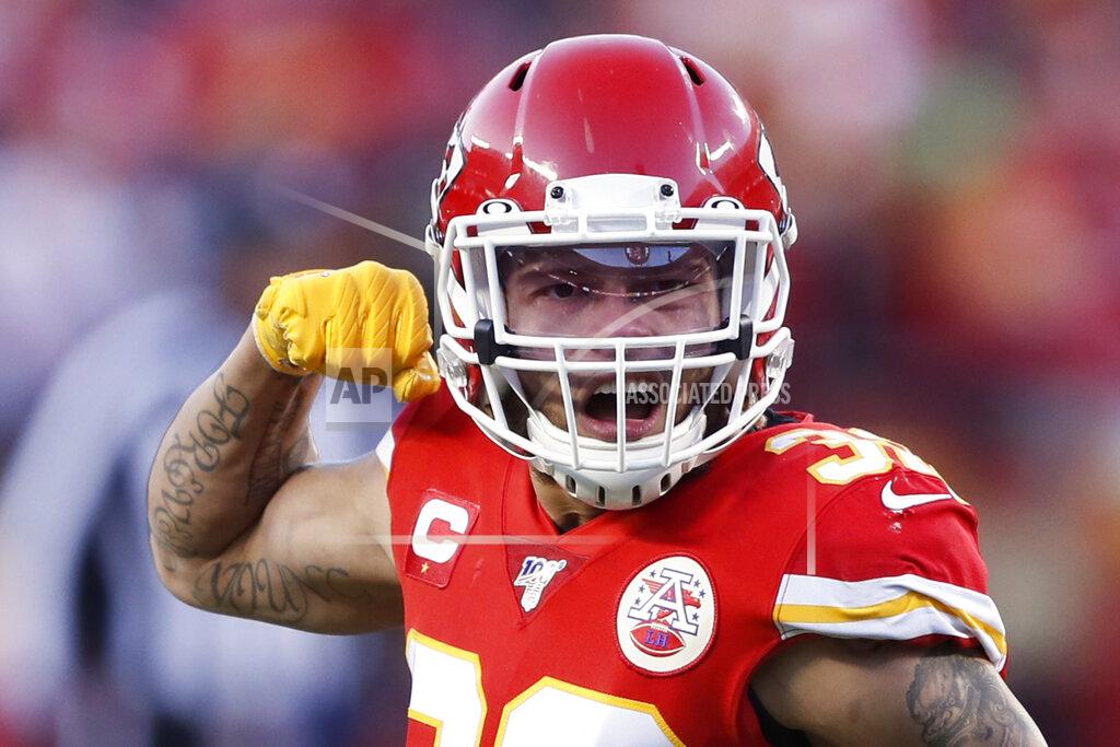 Charlie Neibergall Kansas City Chiefs' Tyrann Mathieu reacts during the second half of the NFL AFC Championship football game against the Tennessee Titans Sunday, Jan. 19, 2020, in Kansas City, MO. (AP Photo/Charlie Neibergall)