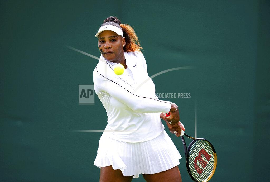 John Walton Serena Williams of the US during a practice session ahead of the 2022 Wimbledon Championship at the All England Lawn Tennis and Croquet Club, Wimbledon, London, Saturday, June 25, 2022. (John Walton/PA via AP)