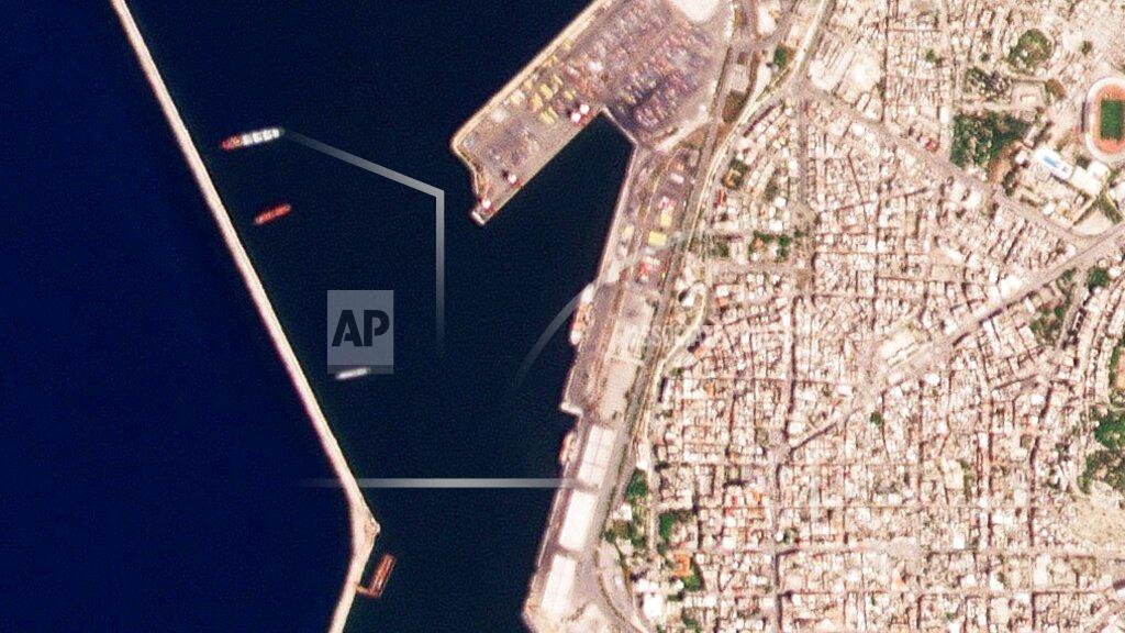 Planet Labs Pbc This satellite image from Planet Labs PBC shows the Russian-flagged ship Matros Pozynich, center, inside the harbor of Latakia, Syria, Tuesday, May 10, 2022. Satellite photos analyzed by The Associated Press on Wednesday showed the Russian ship believed to be carrying stolen Ukrainian grain in Latakia, Syria. (Planet Labs PBC via AP)