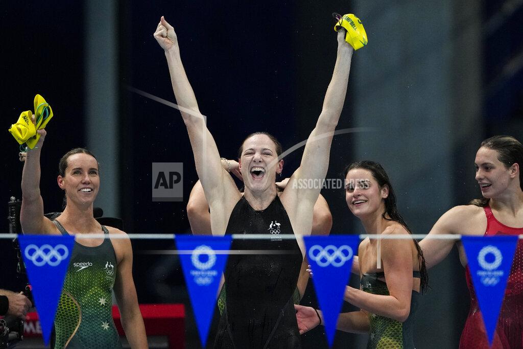 Gregory Bull Cate Campbell, of Australia, and teammates celebrate after winning the gold medal in the women's 4x100-meter medley relay final at the 2020 Summer Olympics, Sunday, Aug. 1, 2021, in Tokyo, Japan. (AP Photo/Gregory Bull)