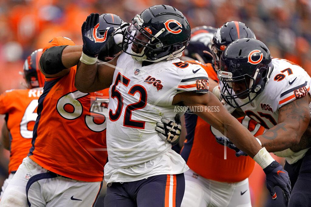 Jack Dempsey Chicago Bears outside linebacker Khalil Mack (52) battles against Denver Broncos offensive guard Ronald Leary (65) during the second half of an NFL football game, Sunday, Sept. 15, 2019, in Denver. (AP Photo/Jack Dempsey)