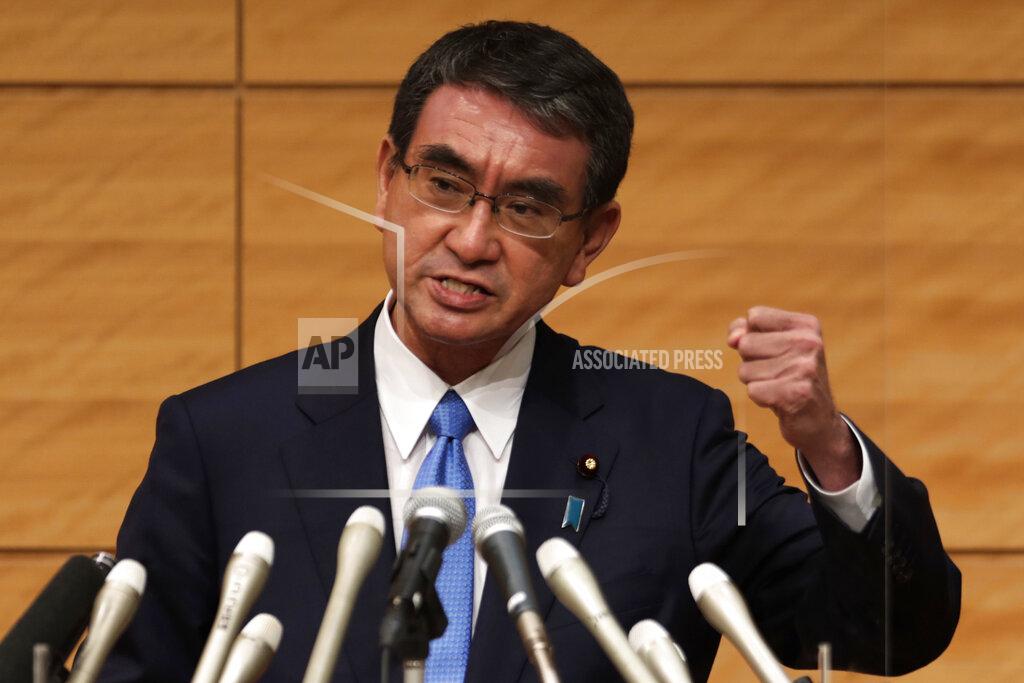 Hiro Komae Taro Kono, the Cabinet minister in charge of vaccinations, speaks during a news conference as he formally announces he's running for the leader of the Liberal Democratic Party in Tokyo, Friday, Sept. 10, 2021. The Liberal Democrats and their coalition partner have a majority in parliament, meaning whoever wins the Sept. 29 party vote is virtually guaranteed to become the new prime minister. Current Prime Minister Yoshihide Suga has said he won't run for the leadership of the governing party. (AP Photo/Hiro Komae)