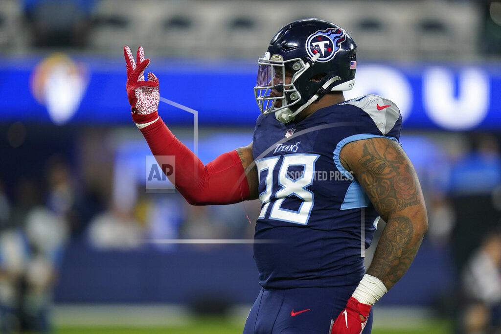 Ashley Landis Tennessee Titans defensive end Jeffery Simmons reacts after his third sack during the first half of an NFL football game against the Los Angeles Rams Sunday, Nov. 7, 2021, in Inglewood, Calif. (AP Photo/Ashley Landis)