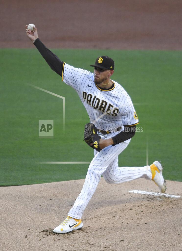 Denis Poroy San Diego Padres starting pitcher Joe Musgrove delivers during the first inning of the team's baseball game against the Arizona Diamondbacks on Saturday, April 3, 2021, in San Diego. (AP Photo/Denis Poroy)