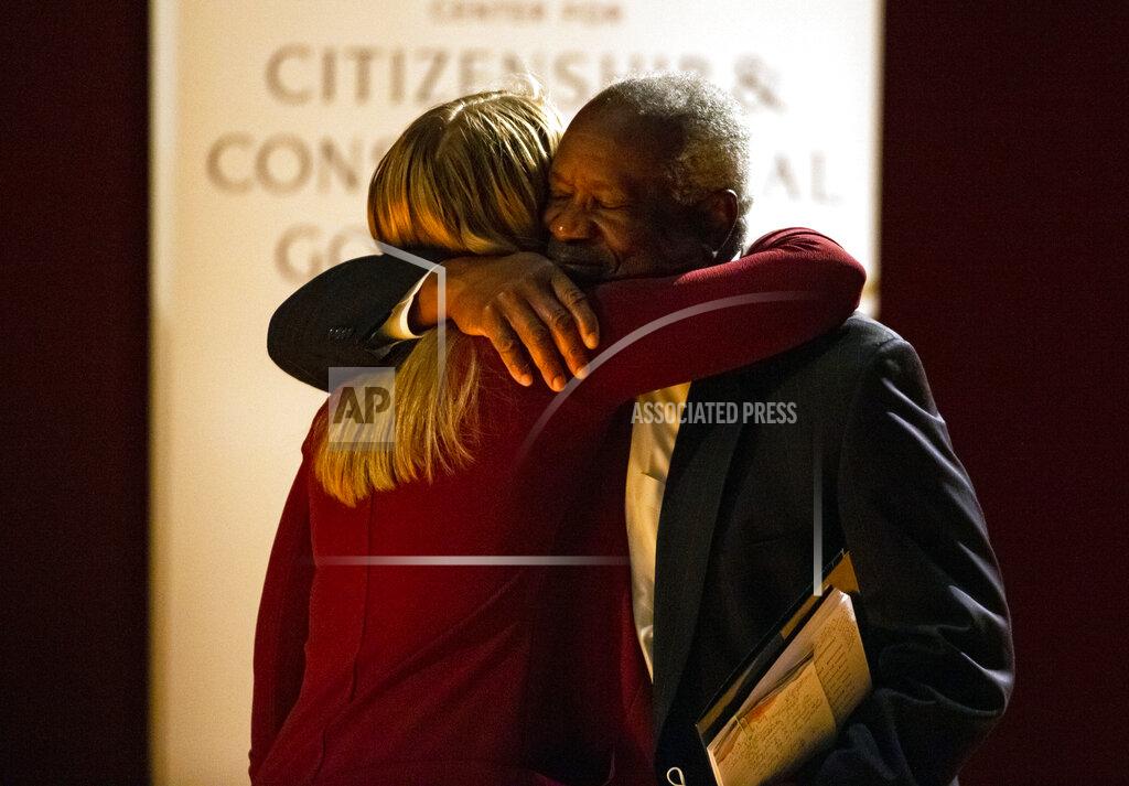 Robert Franklin Supreme Court Justice Clarence Thomas, right, hugs Notre Dame student Maggie Garnett as he takes the stage Thursday, Sept. 16, 2021, to speak at the University of Notre Dame in South Bend, Ind. The associate justice gave the Tocqueville Lecture for the Center for Citizenship & Constitutional Government at the university. (Robert Franklin/South Bend Tribune via AP)