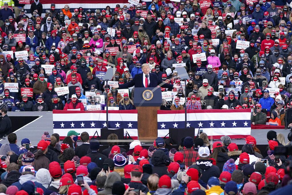 Carlos Osorio President Donald Trump speaks at a campaign rally, Saturday, Oct. 17, 2020, in Norton Shores, Mich. (AP Photo/Carlos Osorio)