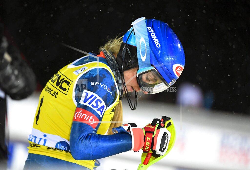 Mikaela Shiffrin of the United States arrives at the finish area to take the second place at the alpine ski, women's World Cup slalom in Levi, Finland, Saturday, Nov. 21, 2020. (Jussi Nukari/Lehtikuva via AP)