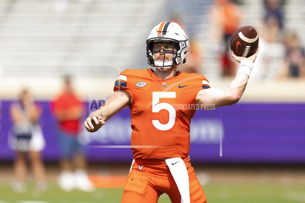 Mike Kropf University of Virginia's quarterback Brennan Armstrong throws the ball during an NCAA college football game against Richmond in Charlottesville, Va. on Saturday, Sept. 3, 2022. (Mike Kropf/The Daily Progress via AP)