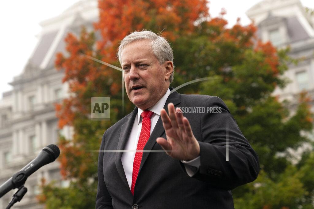White House chief of staff Mark Meadows speaks with reporters at the White House, Wednesday, Oct. 21, 2020, in Washington. (AP Photo/Alex Brandon)