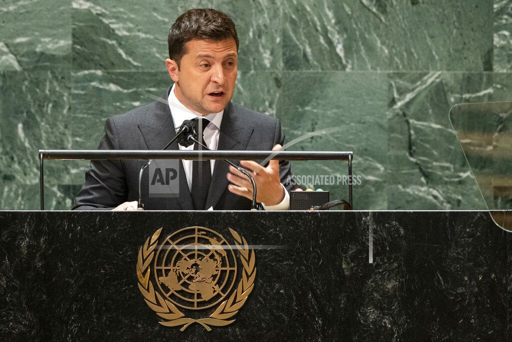 Eduardo Munoz Ukraine President Volodymyr Zelenskiy speaks during the 76th session of the United Nations General Assembly, Wednesday, Sept. 22, 2021, at UN headquarters. (Eduardo Munoz/Pool Photo via AP)