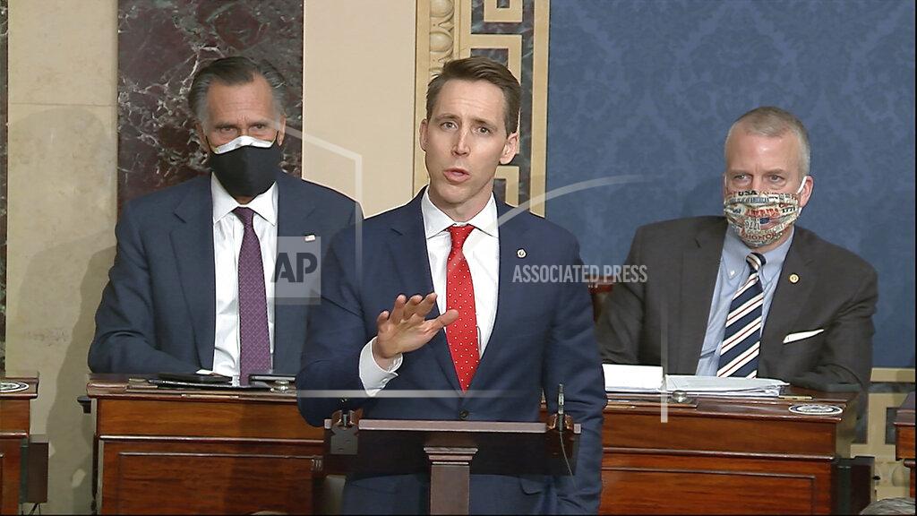 FILE - In this Jan. 6, 2021 file image from video, Sen. Josh Hawley, R-Mo., speaks at the U.S. Capitol in Washington. At least four additional companies that have donated to Hawley have announced they are suspending campaign contributions. The announcements by Cerner Corp. in Kansas City, Ameren Corp. and Edward Jones in St. Louis and the Chicago law firm Bryan Cave Leighton Paisner adds to a growing list of donors who have cut ties to the Missouri Republican senator since the attack on the Capitol last week. (Senate Television via AP File)