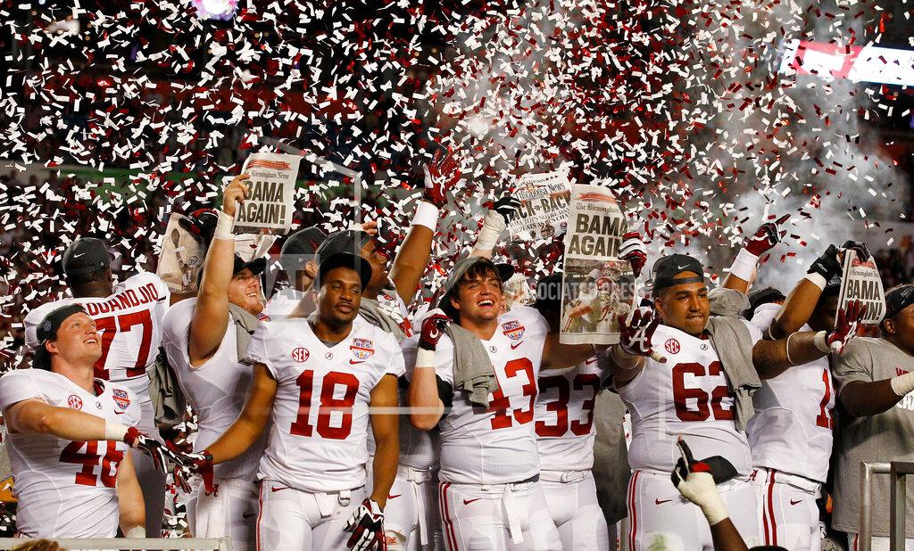 Wilfredo Lee FILE - In this Jan. 7, 2013, file photo, Alabama players celebrate after the BCS National Championship college football game against Notre Dame, in Miami. Alabama won 42-14. Alabama has three national titles, four Top 5 finishes and is a perfect 6-for-6 in winding up in the Top 10. (AP Photo/Wilfredo Lee, File)