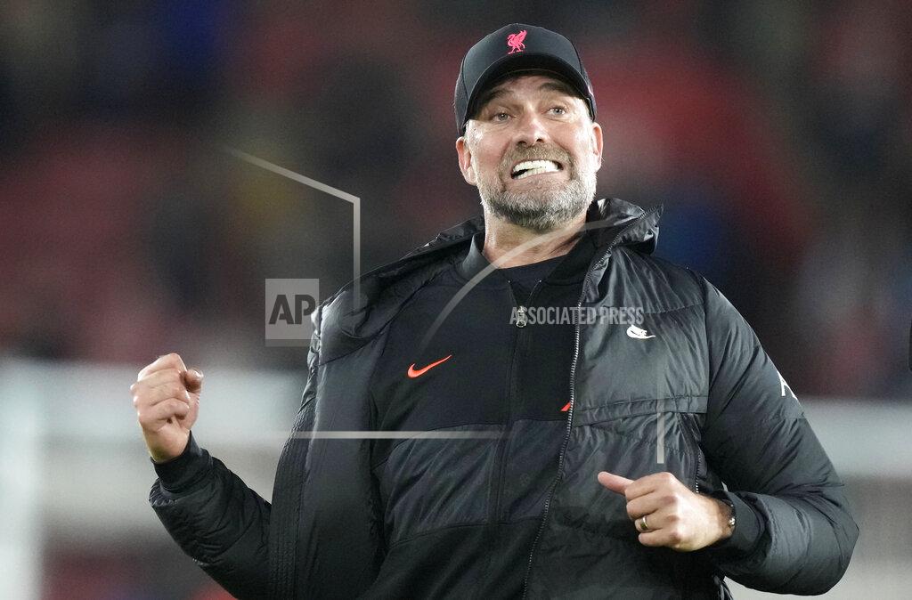 Frank Augstein Liverpool's manager Jurgen Klopp celebrates at the end of the English Premier League soccer match between Southampton and Liverpool at St. Mary's Stadium in Southampton, England, Tuesday, May 17, 2022. (AP Photo/Frank Augstein)