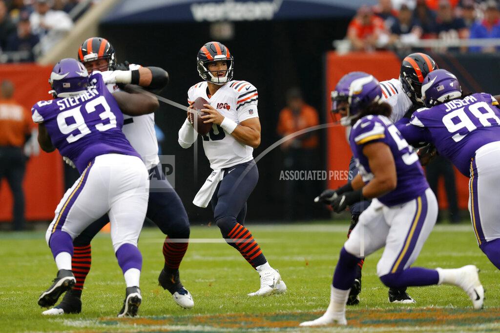 Charles Rex Arbogast Chicago Bears quarterback Mitchell Trubisky (10) drops back to pass during the half of an NFL football game against the Minnesota Vikings Sunday, Sept. 29, 2019, in Chicago. (AP Photo/Charles Rex Arbogast)