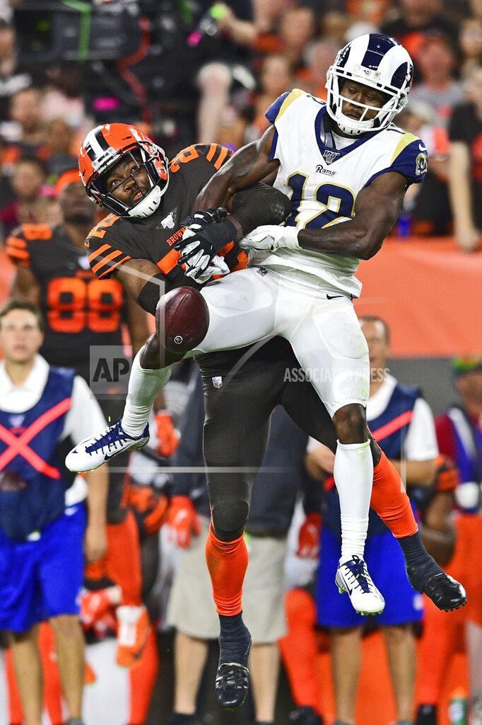 David Dermer Cleveland Browns strong safety Eric Murray (22) breaks up a pass to Los Angeles Rams wide receiver Brandin Cooks (12) during the second half of an NFL football game, Sunday, Sept. 22, 2019, in Cleveland. (AP Photo/David Dermer)