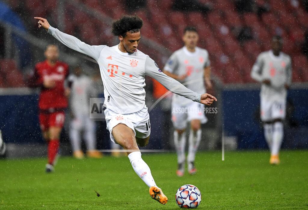 Andreas Schaad Bayern's Leroy Sane shoots on goal during the Champions League group A soccer match between RB Salzburg and Bayern Munich in Salzburg, Austria, Tuesday, Nov. 3, 2020. (AP Photo/Andreas Schaad)