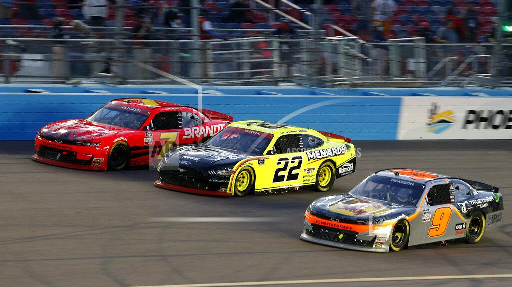 Ralph Freso Justin Allgaier (7), Austin Cindric (22) and Noah Gragson (9) compete for the lead through Turn 4 on the final lap of a NASCAR Xfinity Series auto race at Phoenix Raceway, Saturday, Nov. 7, 2020, in Avondale, Ariz. (AP Photo/Ralph Freso)