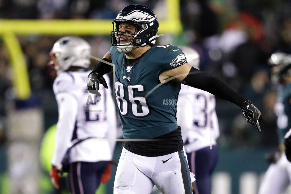 Matt Rourke Philadelphia Eagles' Zach Ertz reacts after catching a pass during the second half of an NFL football game against the New England Patriots, Sunday, Nov. 17, 2019, in Philadelphia. (AP Photo/Matt Rourke)