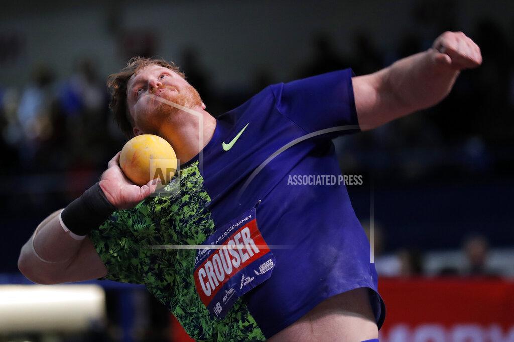 Adam Hunger FILE—Ryan Crouser competes during the Men's Shot Put at the Millrose Games track and field meet in this file photograph taken Saturday, Feb. 8, 2020, in New York. Crouser, an OIlympic champion in the shot put, will try to break the world indoor record that he just set last weekend in an event in the American Track League during a session of the league this weekend. (AP Photo/Adam Hunger, File)
