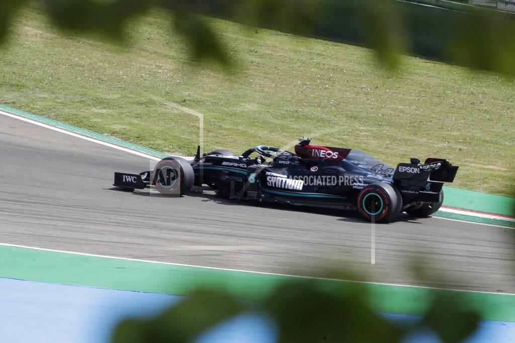 Luca Bruno Mercedes driver Lewis Hamilton of Britain steers his car during the second free practice session for Sunday's Emilia Romagna Formula One Grand Prix, at the Imola track, Italy, Friday, April 16, 2021. (AP Photo/Luca Bruno)