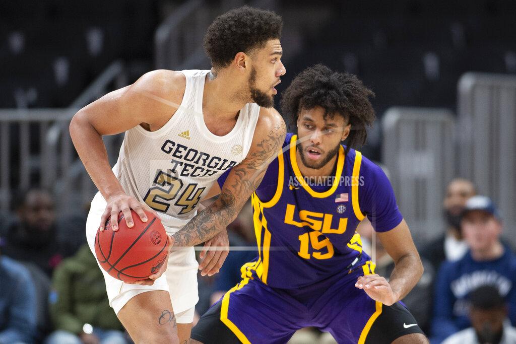 Hakim Wright Sr. LSU center Efton Reid (15) defends against Georgia Tech center Rodney Howard (24) during the second half of an NCAA college basketball game Saturday, Dec. 11, 2021, in Atlanta. (AP Photo/Hakim Wright Sr.)