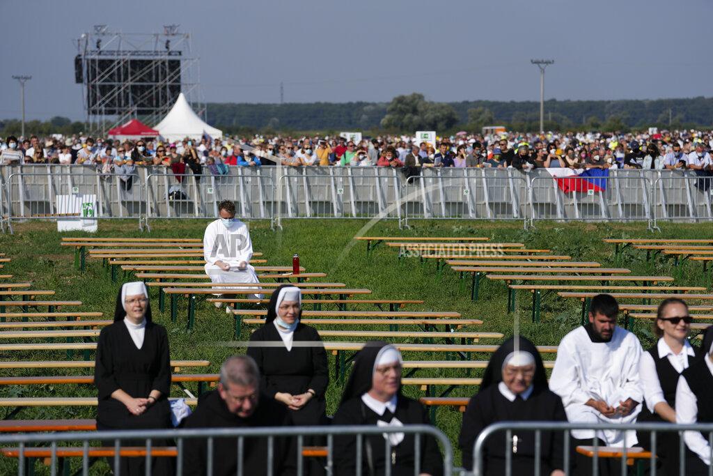 Petr David Josek People attend a Mass celebrated by Pope Francis in the esplanade of the National Shrine in Sastin, Slovakia, Wednesday, Sept. 15, 2021. Pope Francis celebrated an open air Mass in Sastin, the site of an annual pilgrimage each September 15 to venerate Slovakia's patron, Our Lady of Sorrows (AP Photo/Petr David Josek)