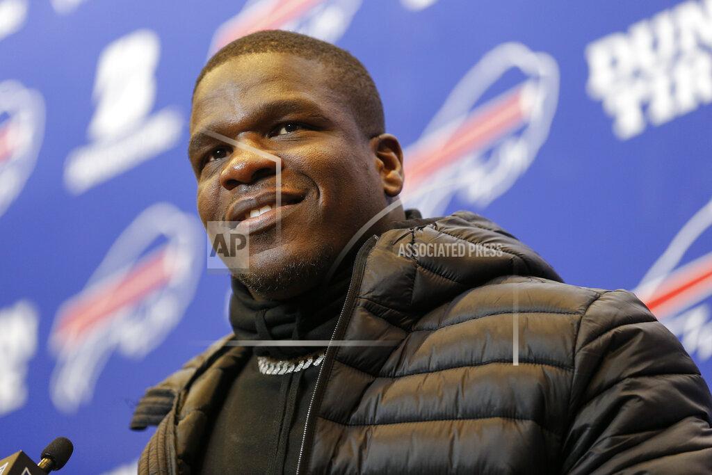 John Munson Buffalo Bills running back Frank Gore (20) answers questions during a news conference after the Bills beat the Denver Broncos 20-3 in an NFL football game, Sunday, Nov. 24, 2019, in Orchard Park, N.Y. (AP Photo/John Munson)