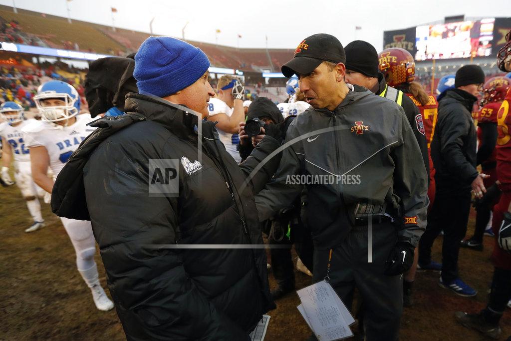 Charlie Neibergall Drake head coach Rick Fox, left, talks with Iowa State head coach Matt Campbell after an NCAA college football game, Saturday, Dec. 1, 2018, in Ames, Iowa. Iowa State won 27-24. (AP Photo/Charlie Neibergall)