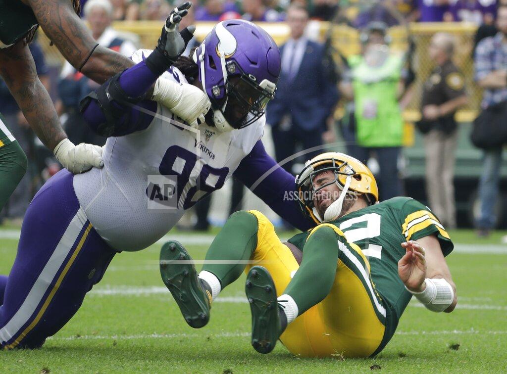 Morry Gash Minnesota Vikings' Linval Joseph sacks Green Bay Packers' Aaron Rodgers during the second half of an NFL football game Sunday, Sept. 15, 2019, in Green Bay, Wis. (AP Photo/Morry Gash)
