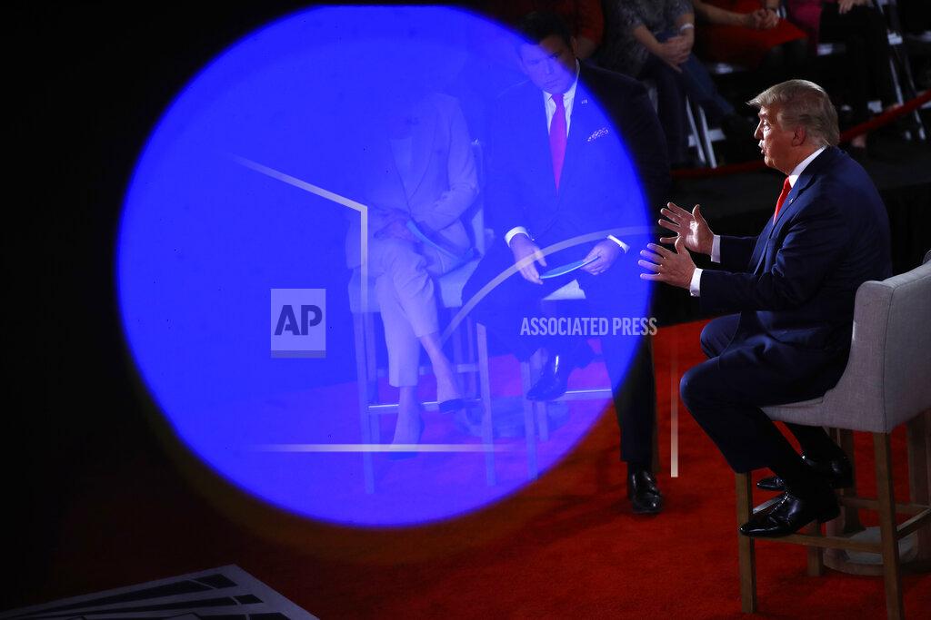 Matt Rourke FILE - In this March 5, 2020, file photo President Donald Trump speaks during a FOX News Channel Town Hall, co-moderated by FNC's chief political anchor Bret Baier of Special Report and The Story anchor Martha MacCallum, in Scranton, Pa. Trump has notably used the crisis to remind Americans about his 2016 campaign promise to build a wall along the U.S.-Mexico border. He argues a wall would help contain the coronavirus. In a tweet last month, he said the structure is “Going up fast” and “We need the Wall more than ever!” (AP Photo/Matt Rourke, File)
