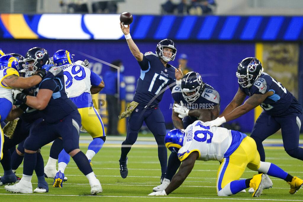 Ashley Landis Tennessee Titans quarterback Ryan Tannehill throws a pass during the first half of an NFL football game against the Los Angeles Rams, Sunday, Nov. 7, 2021, in Inglewood, Calif. (AP Photo/Ashley Landis)