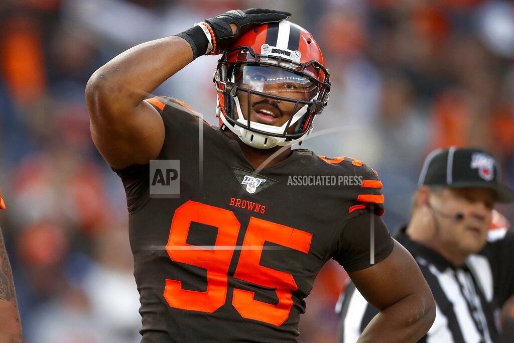 David Zalubowski Cleveland Browns defensive end Myles Garrett (95) reacts to missed defensive stop against the Denver Broncos during the first half of NFL football game, Sunday, Nov. 3, 2019, in Denver. (AP Photo/David Zalubowski)