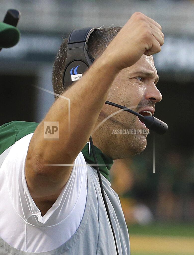 Jerry Larson Baylor head coach Matt Rhule reacts as his team scores a touchdown against Stephen F. Austin in the first half of an NCAA college football game Saturday, Aug. 31, 2019, in Waco, Texas. (Jerry Larson/Waco Tribune-Herald via AP)