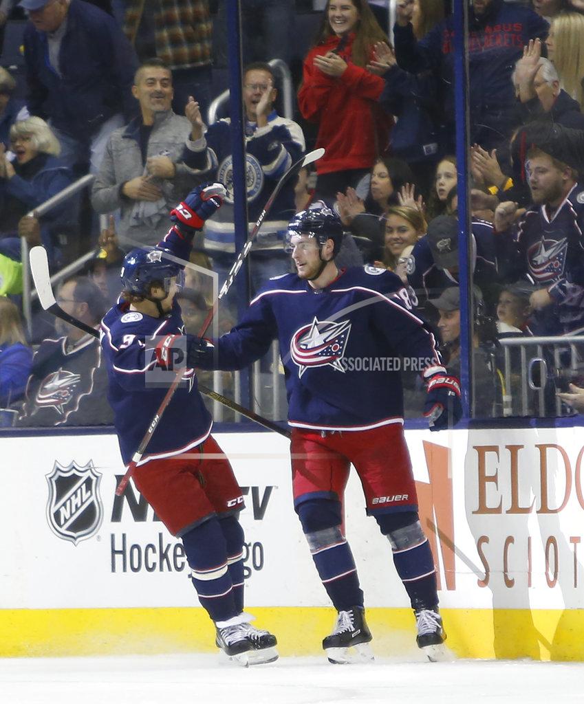 Jay Laprete Columbus Blue Jackets' Pierre-Luc Dubois, right, celebrates his goal against the Buffalo Sabres with teammate Artemi Panarin, of Russia, during the first period of an NHL hockey game Saturday, Oct. 27, 2018, in Columbus, Ohio. (AP Photo/Jay LaPrete)