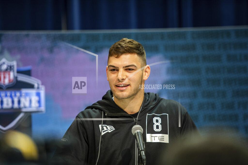Detroit Lions Cole Kmet talks to the media at the NFL Scouting Combine on Tuesday, Feb. 25, 2020 in Indianapolis. (Detroit Lions via AP)