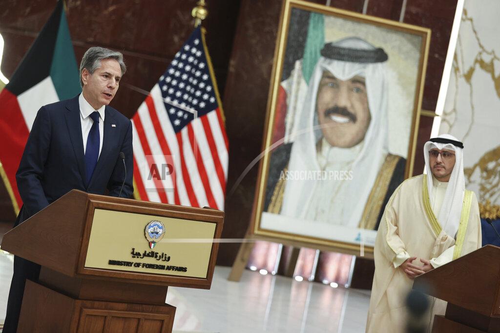 Jonathan Ernst Kuwaiti Foreign Minister Sheikh Ahmad Nasser Al-Mohammad Al-Sabah and U.S. Secretary of State Antony Blinken hold a joint news conference at the Ministry of Foreign Affairs in Kuwait City, Kuwait, Thursday, July 29, 2021. (Jonathan Ernst/Pool via AP)