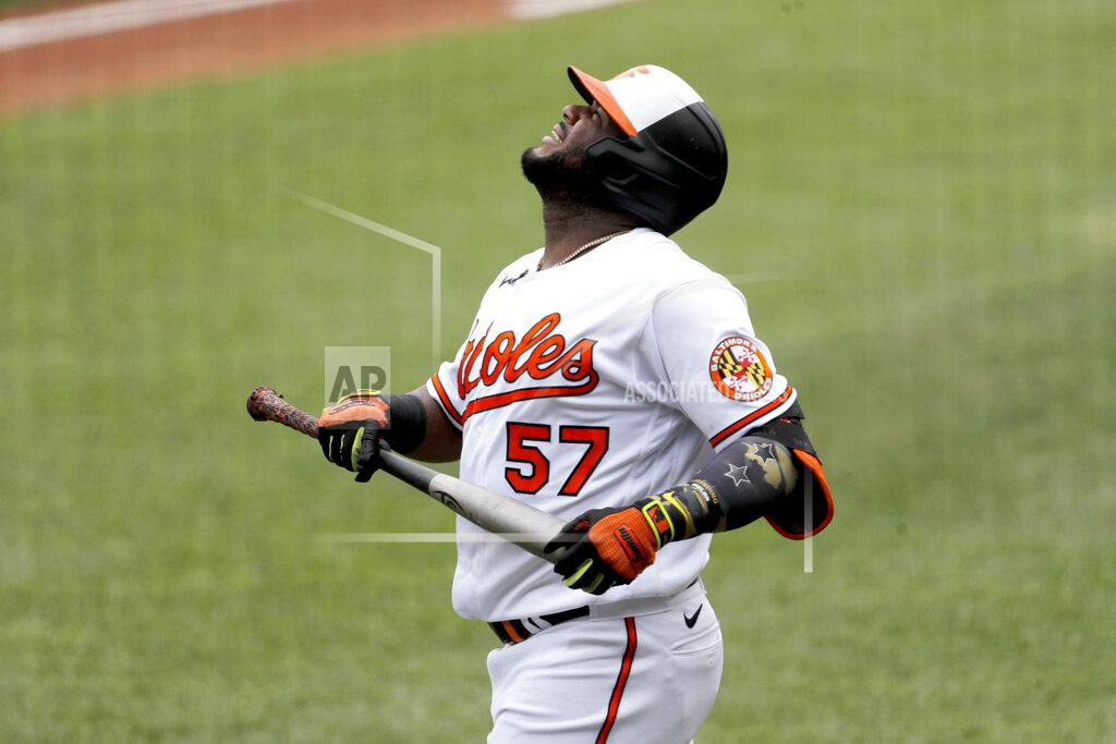 Julio Cortez Baltimore Orioles' Hanser Alberto reacts while stepping up to the plate against the Tampa Bay Rays during the first inning of a baseball game, Sun, Aug. 2, 2020, in Baltimore. (AP Photo/Julio Cortez)