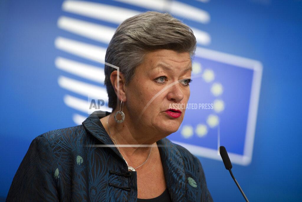 Virginia Mayo European Commissioner for Home Affairs Ylva Johansson speaks during a media conference after a meeting of EU interior ministers at the European Council building in Brussels, Friday, Nov. 13, 2020. (AP Photo/Virginia Mayo, Pool)