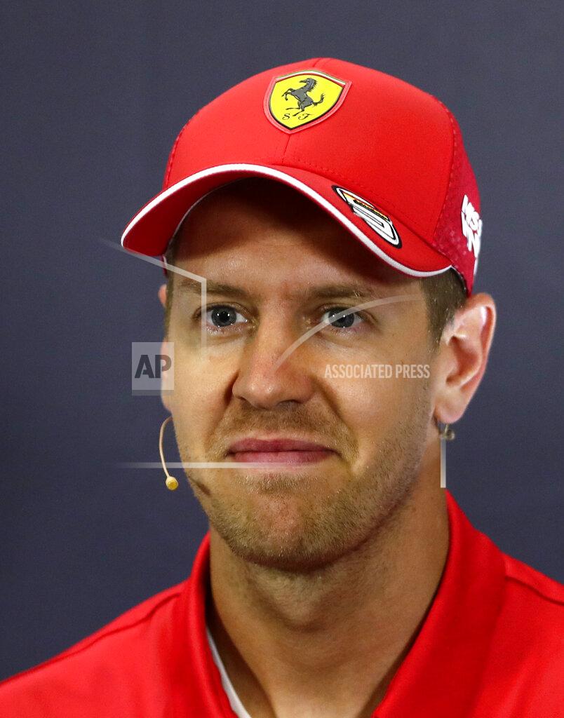 Manu Fernandez Ferrari's German driver Sebastian Vettel looks on during a press conference at the Barcelona Catalunya racetrack in Montmelo, Spain, Thursday, May 9, 2019. The Formula One race will be held on Sunday. (AP Photo/Manu Fernandez)