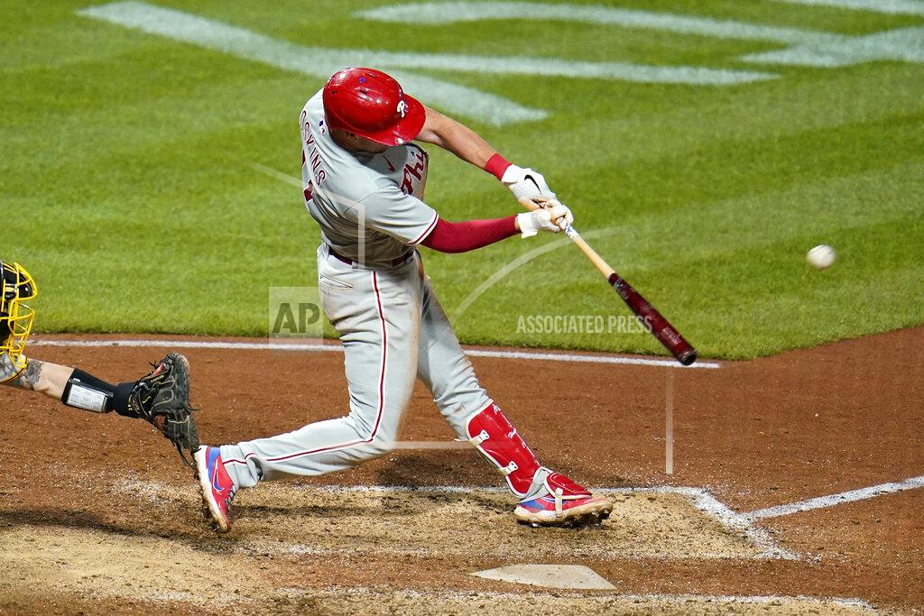 Gene J. Puskar Philadelphia Phillies' Rhys Hoskins hits a two-run home run off Pittsburgh Pirates relief pitcher Duane Underwood Jr. during the 10th inning of a baseball game in Pittsburgh, Friday, July 29, 2022. The Phillies won 4-2. (AP Photo/Gene J. Puskar)