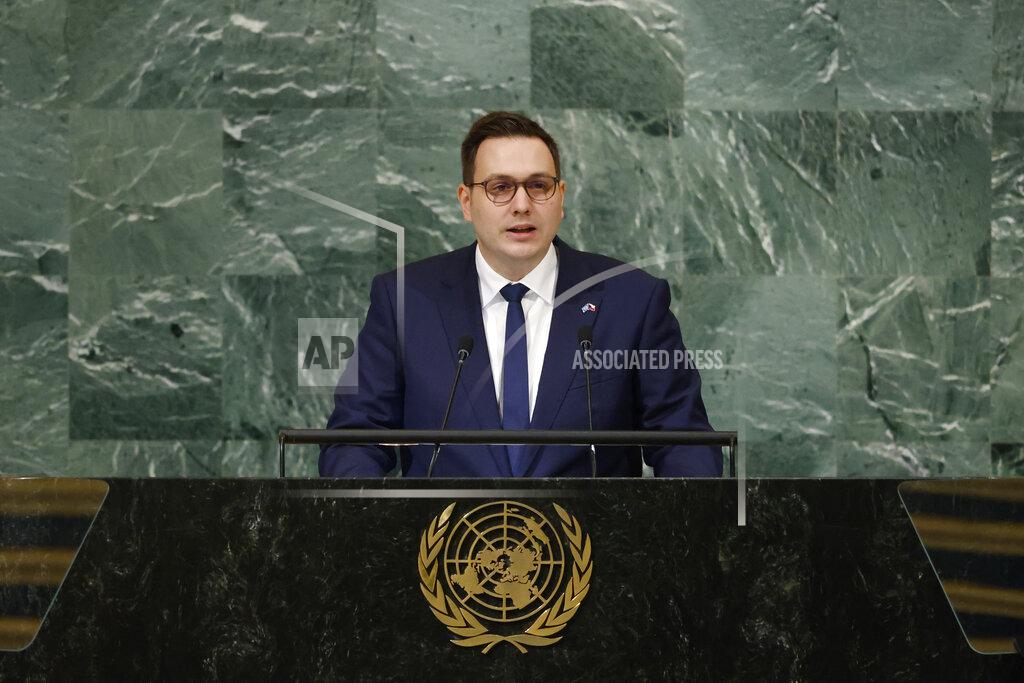 Jason Decrow Foreign Minister of the Czech Republic Jan Lipavsky addresses the 77th session of the United Nations General Assembly, at U.N. headquarters, Wednesday, Sept. 21, 2022. (AP Photo/Jason DeCrow)