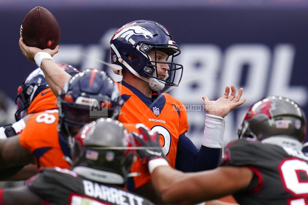 Jack Dempsey Denver Broncos quarterback Jeff Driskel throws a pass during the first half of an NFL football game against the Tampa Bay Buccaneers, Sunday, Sept. 27, 2020, in Denver. (AP Photo/Jack Dempsey)